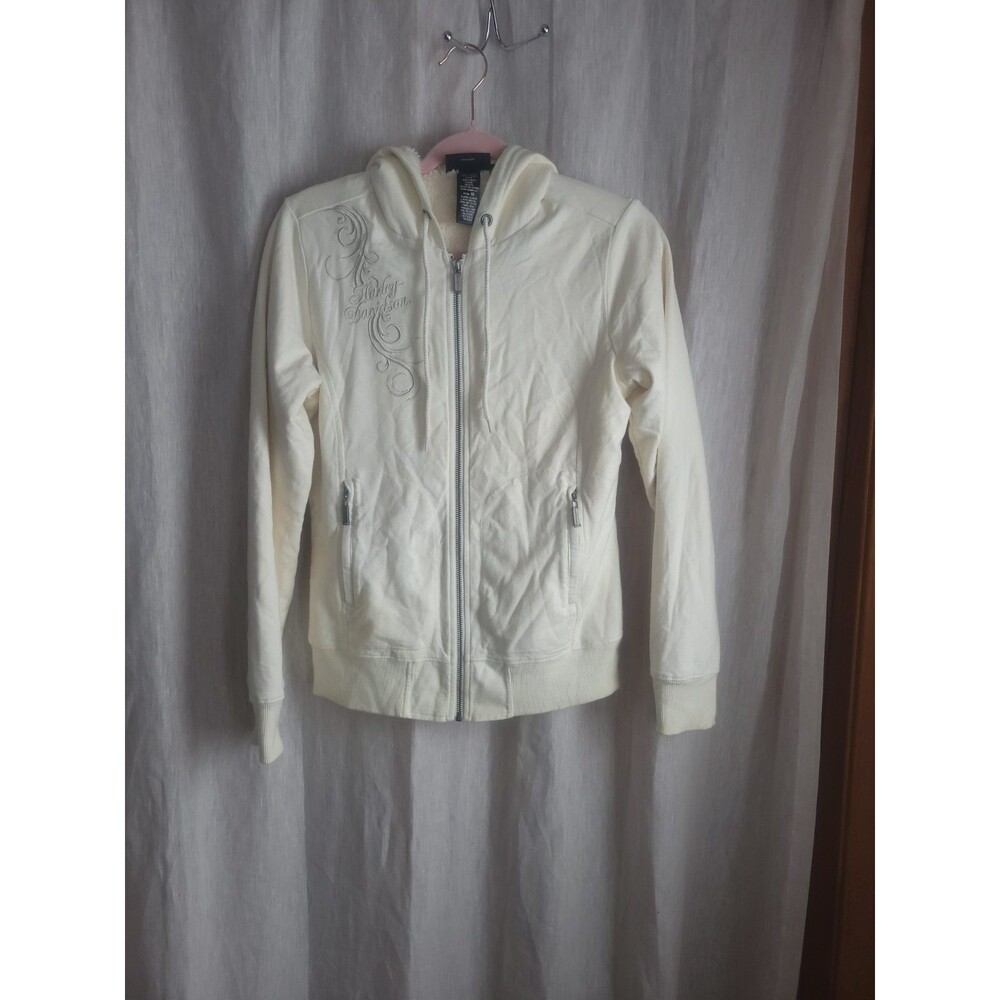 Harley Davidson H-D Embroidered women's small hoodie Ivory Faux Fur Lined